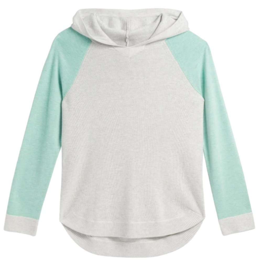 NWOT Evolution by Cyrus Gray Teal Baseball Hoodie Waffle Knit, size Small